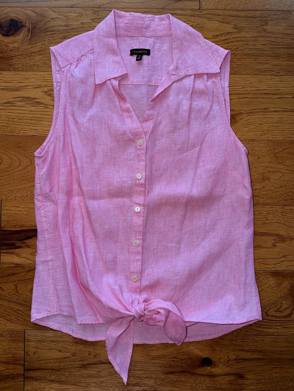 Talbots Pink 100% Linen Sleeveless Button Down Tie Tank Top Size S
